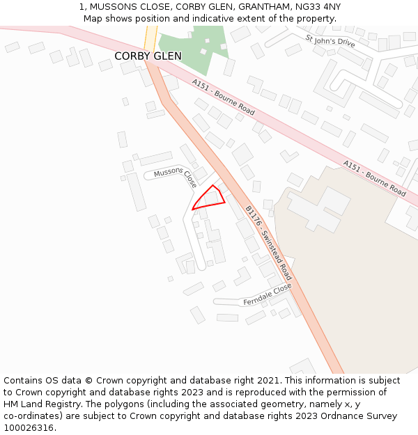 1, MUSSONS CLOSE, CORBY GLEN, GRANTHAM, NG33 4NY: Location map and indicative extent of plot