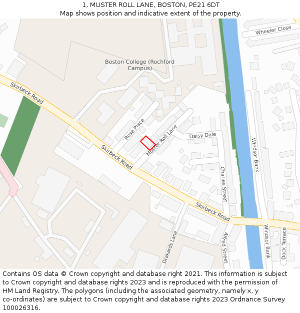 1, MUSTER ROLL LANE, BOSTON, PE21 6DT: Location map and indicative extent of plot