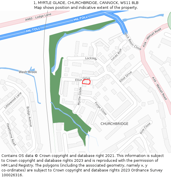 1, MYRTLE GLADE, CHURCHBRIDGE, CANNOCK, WS11 8LB: Location map and indicative extent of plot