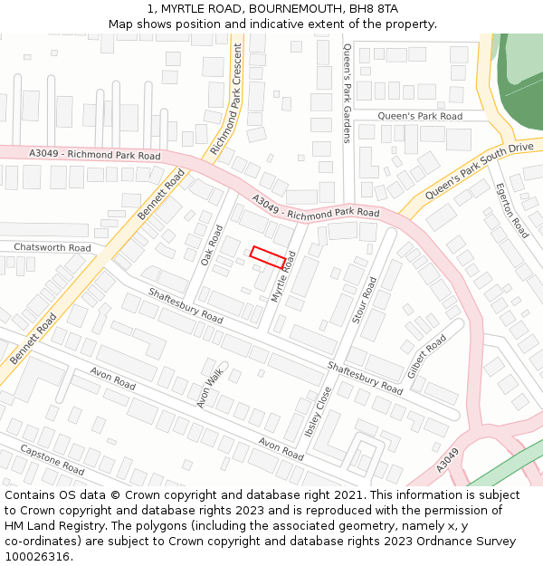 1, MYRTLE ROAD, BOURNEMOUTH, BH8 8TA: Location map and indicative extent of plot