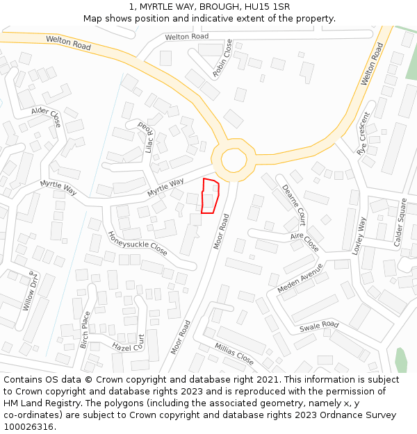 1, MYRTLE WAY, BROUGH, HU15 1SR: Location map and indicative extent of plot
