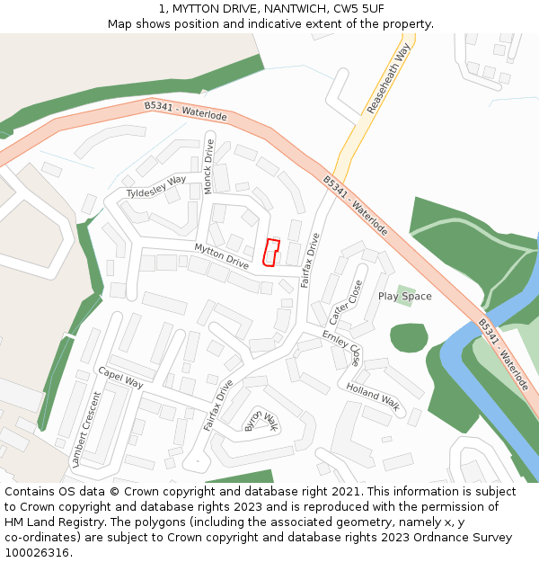 1, MYTTON DRIVE, NANTWICH, CW5 5UF: Location map and indicative extent of plot