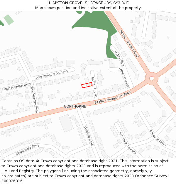 1, MYTTON GROVE, SHREWSBURY, SY3 8UF: Location map and indicative extent of plot