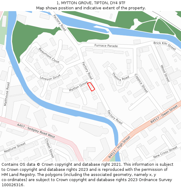 1, MYTTON GROVE, TIPTON, DY4 9TF: Location map and indicative extent of plot