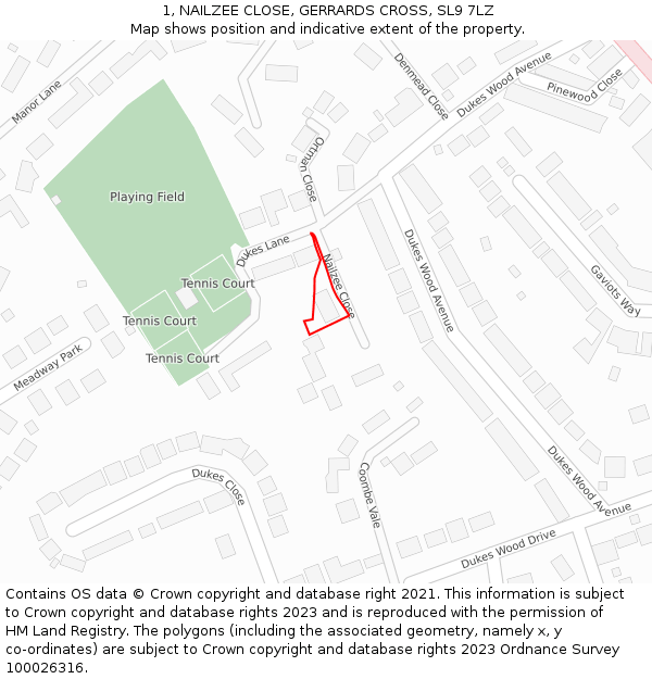 1, NAILZEE CLOSE, GERRARDS CROSS, SL9 7LZ: Location map and indicative extent of plot