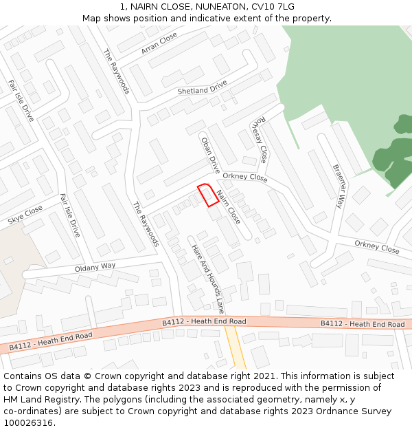 1, NAIRN CLOSE, NUNEATON, CV10 7LG: Location map and indicative extent of plot