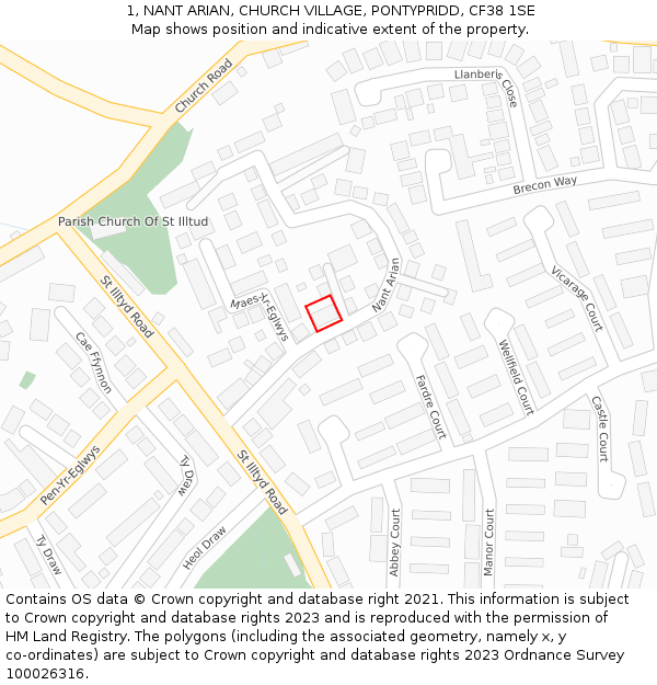 1, NANT ARIAN, CHURCH VILLAGE, PONTYPRIDD, CF38 1SE: Location map and indicative extent of plot