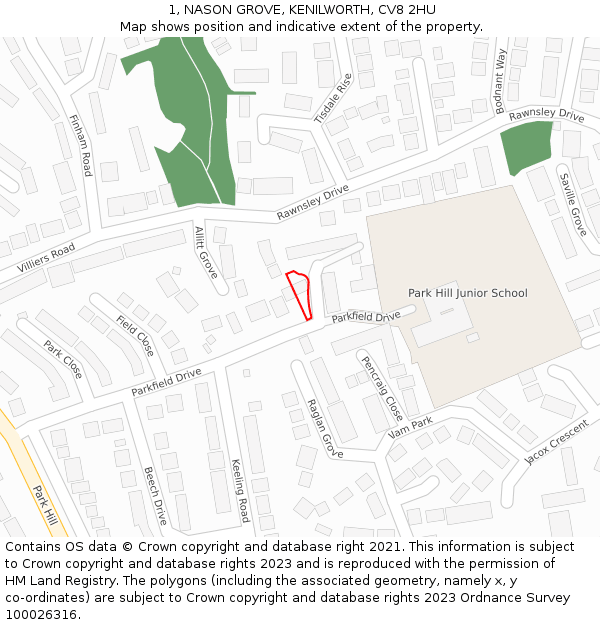 1, NASON GROVE, KENILWORTH, CV8 2HU: Location map and indicative extent of plot