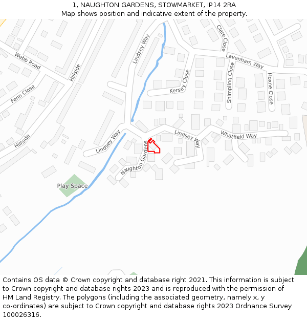 1, NAUGHTON GARDENS, STOWMARKET, IP14 2RA: Location map and indicative extent of plot