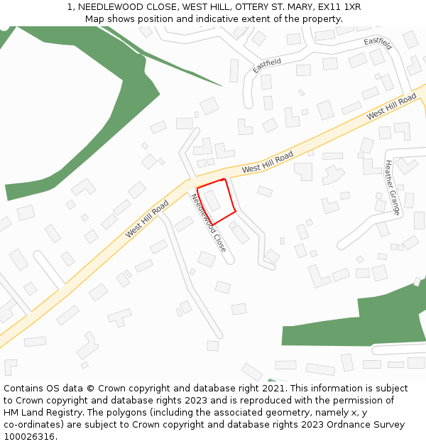 1, NEEDLEWOOD CLOSE, WEST HILL, OTTERY ST. MARY, EX11 1XR: Location map and indicative extent of plot