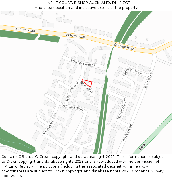 1, NEILE COURT, BISHOP AUCKLAND, DL14 7GE: Location map and indicative extent of plot