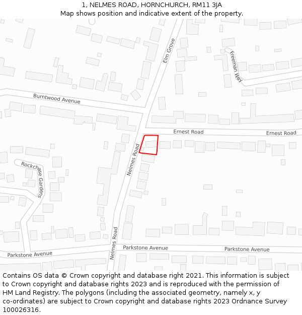 1, NELMES ROAD, HORNCHURCH, RM11 3JA: Location map and indicative extent of plot