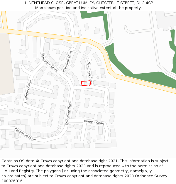 1, NENTHEAD CLOSE, GREAT LUMLEY, CHESTER LE STREET, DH3 4SP: Location map and indicative extent of plot