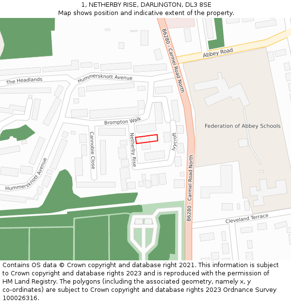 1, NETHERBY RISE, DARLINGTON, DL3 8SE: Location map and indicative extent of plot