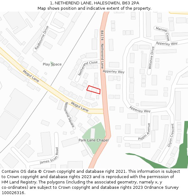 1, NETHEREND LANE, HALESOWEN, B63 2PA: Location map and indicative extent of plot