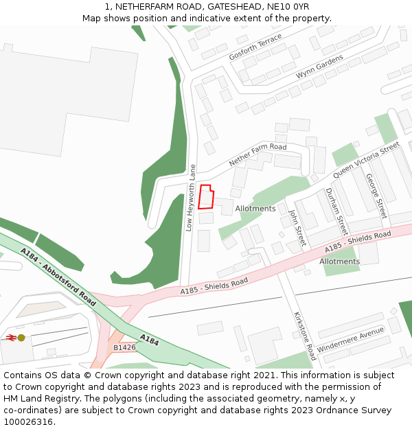 1, NETHERFARM ROAD, GATESHEAD, NE10 0YR: Location map and indicative extent of plot