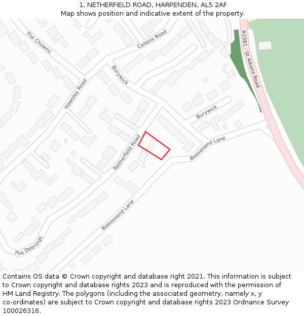 1, NETHERFIELD ROAD, HARPENDEN, AL5 2AF: Location map and indicative extent of plot