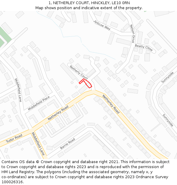 1, NETHERLEY COURT, HINCKLEY, LE10 0RN: Location map and indicative extent of plot