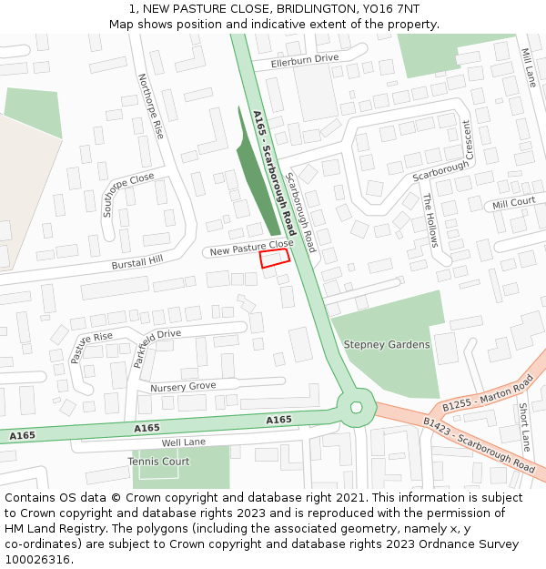 1, NEW PASTURE CLOSE, BRIDLINGTON, YO16 7NT: Location map and indicative extent of plot