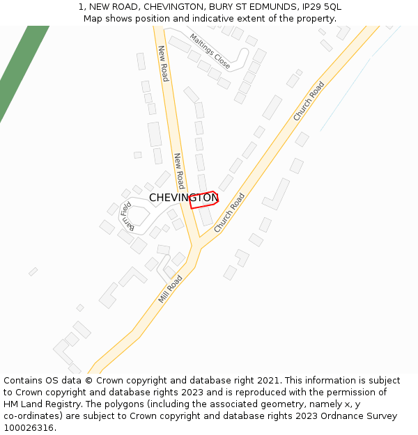 1, NEW ROAD, CHEVINGTON, BURY ST EDMUNDS, IP29 5QL: Location map and indicative extent of plot