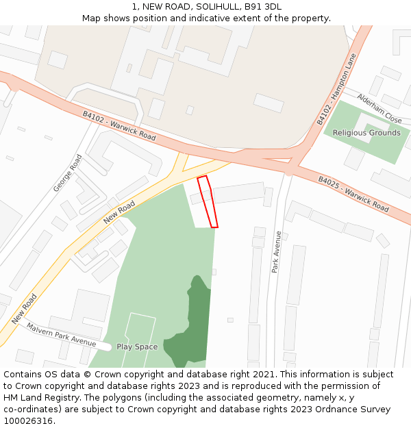 1, NEW ROAD, SOLIHULL, B91 3DL: Location map and indicative extent of plot