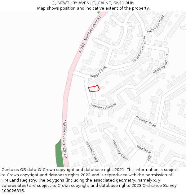 1, NEWBURY AVENUE, CALNE, SN11 9UN: Location map and indicative extent of plot