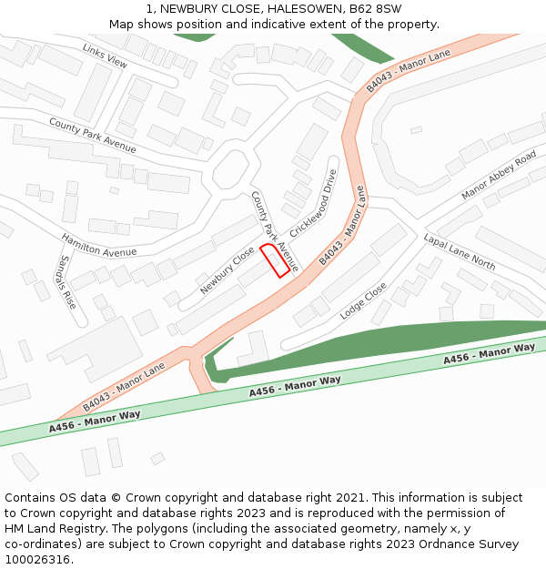 1, NEWBURY CLOSE, HALESOWEN, B62 8SW: Location map and indicative extent of plot