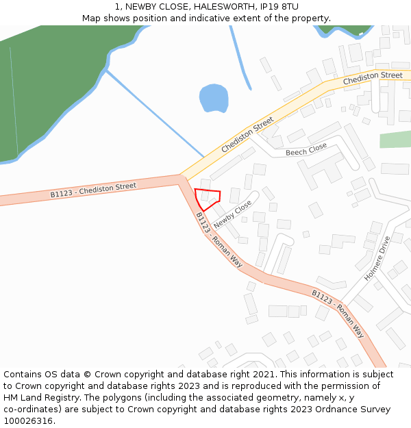 1, NEWBY CLOSE, HALESWORTH, IP19 8TU: Location map and indicative extent of plot