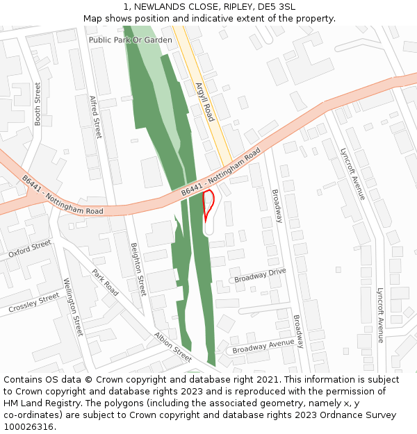 1, NEWLANDS CLOSE, RIPLEY, DE5 3SL: Location map and indicative extent of plot