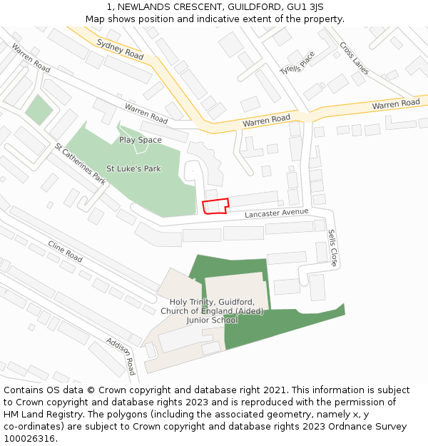 1, NEWLANDS CRESCENT, GUILDFORD, GU1 3JS: Location map and indicative extent of plot