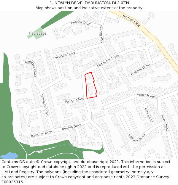 1, NEWLYN DRIVE, DARLINGTON, DL3 0ZN: Location map and indicative extent of plot