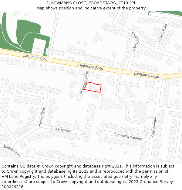 1, NEWMANS CLOSE, BROADSTAIRS, CT10 3PL: Location map and indicative extent of plot