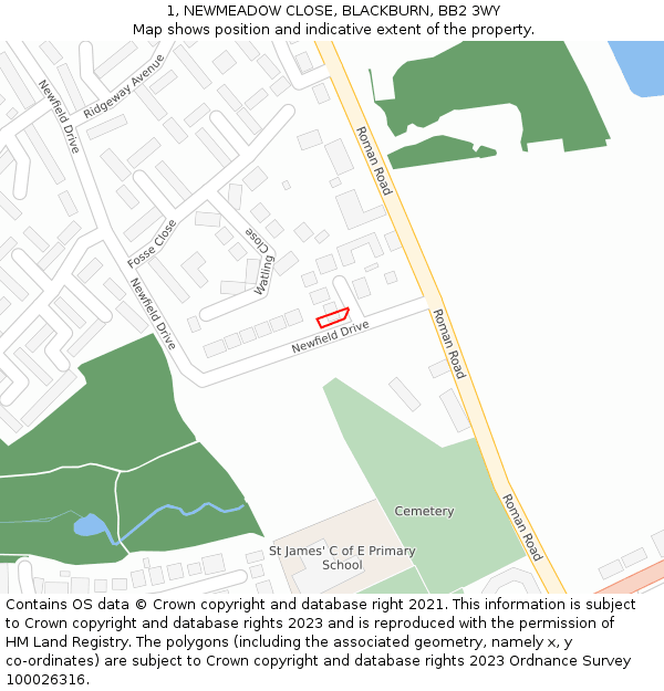 1, NEWMEADOW CLOSE, BLACKBURN, BB2 3WY: Location map and indicative extent of plot