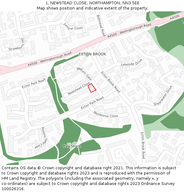 1, NEWSTEAD CLOSE, NORTHAMPTON, NN3 5EE: Location map and indicative extent of plot