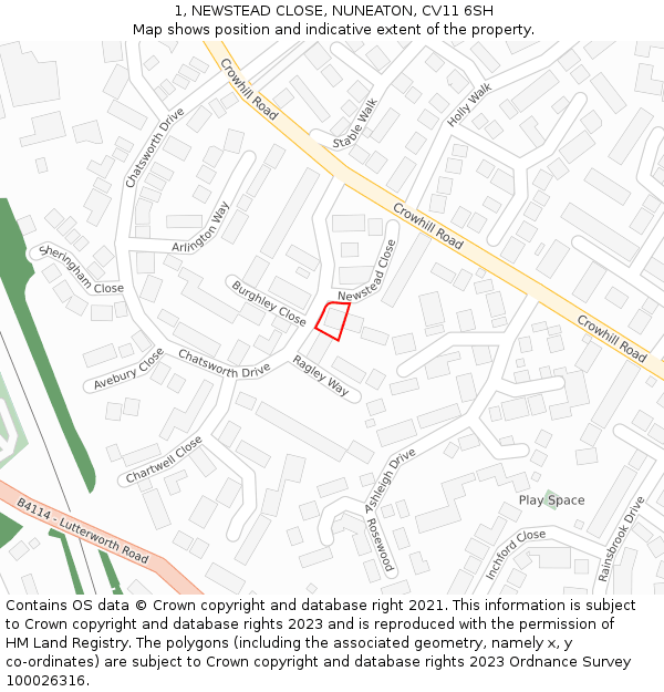 1, NEWSTEAD CLOSE, NUNEATON, CV11 6SH: Location map and indicative extent of plot