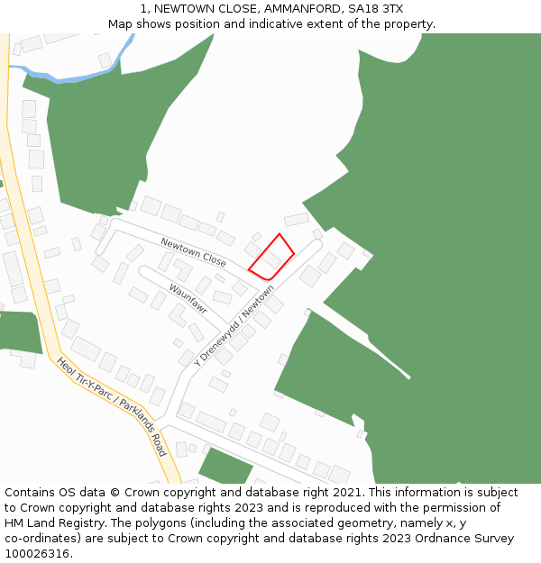 1, NEWTOWN CLOSE, AMMANFORD, SA18 3TX: Location map and indicative extent of plot