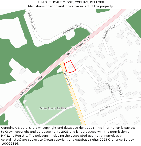 1, NIGHTINGALE CLOSE, COBHAM, KT11 2BP: Location map and indicative extent of plot