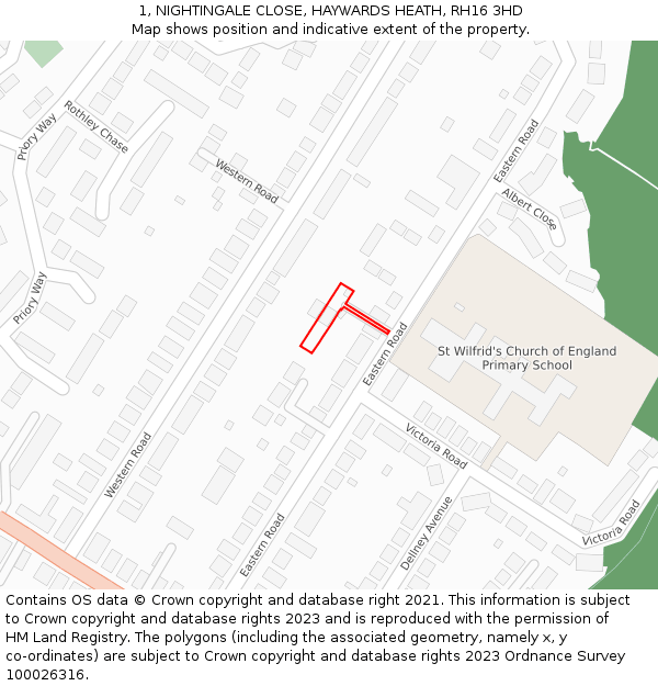 1, NIGHTINGALE CLOSE, HAYWARDS HEATH, RH16 3HD: Location map and indicative extent of plot