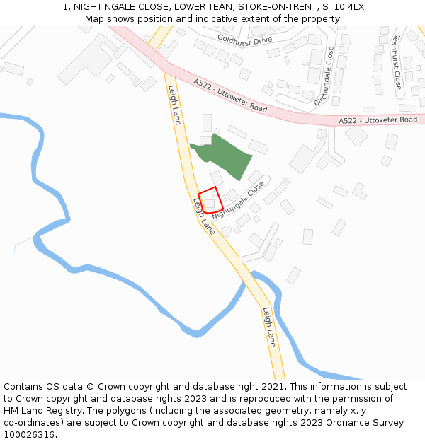 1, NIGHTINGALE CLOSE, LOWER TEAN, STOKE-ON-TRENT, ST10 4LX: Location map and indicative extent of plot