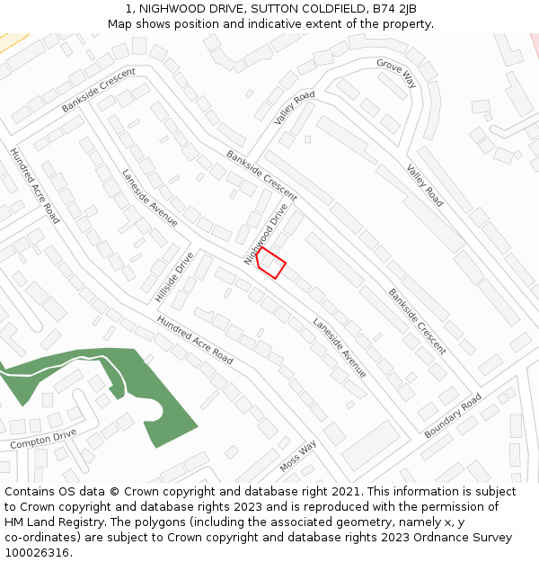 1, NIGHWOOD DRIVE, SUTTON COLDFIELD, B74 2JB: Location map and indicative extent of plot