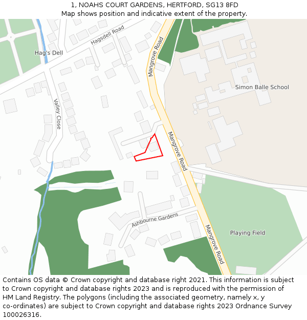 1, NOAHS COURT GARDENS, HERTFORD, SG13 8FD: Location map and indicative extent of plot