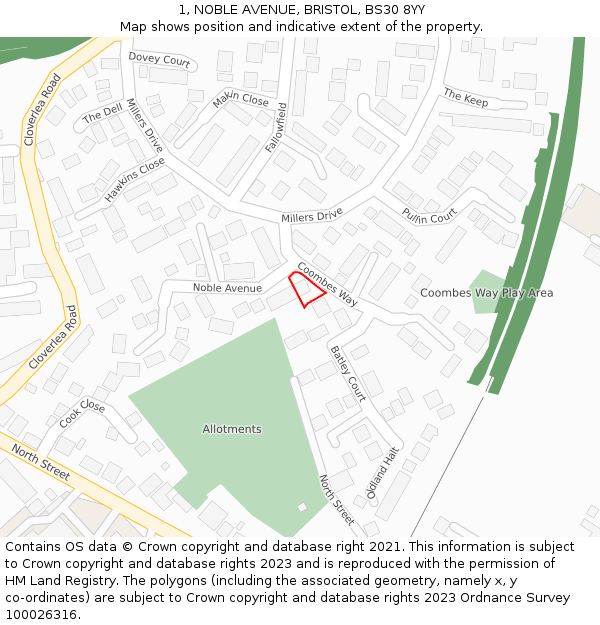 1, NOBLE AVENUE, BRISTOL, BS30 8YY: Location map and indicative extent of plot