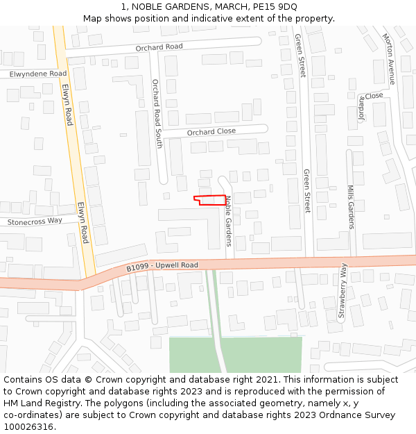 1, NOBLE GARDENS, MARCH, PE15 9DQ: Location map and indicative extent of plot