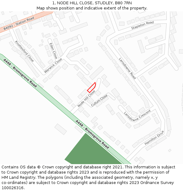 1, NODE HILL CLOSE, STUDLEY, B80 7RN: Location map and indicative extent of plot
