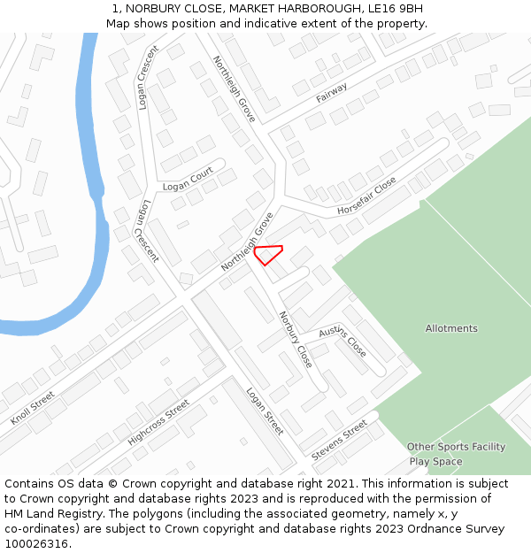 1, NORBURY CLOSE, MARKET HARBOROUGH, LE16 9BH: Location map and indicative extent of plot