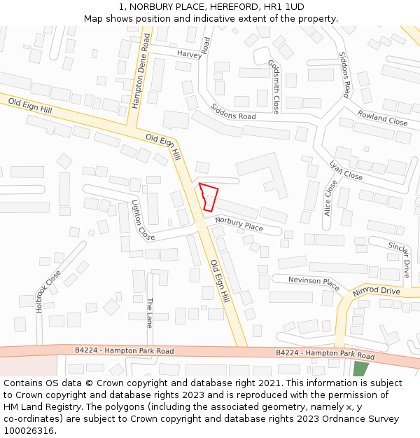 1, NORBURY PLACE, HEREFORD, HR1 1UD: Location map and indicative extent of plot
