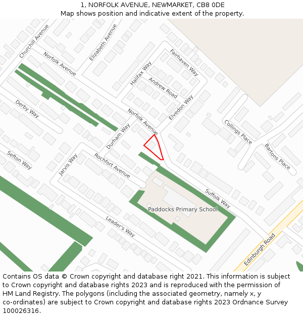 1, NORFOLK AVENUE, NEWMARKET, CB8 0DE: Location map and indicative extent of plot