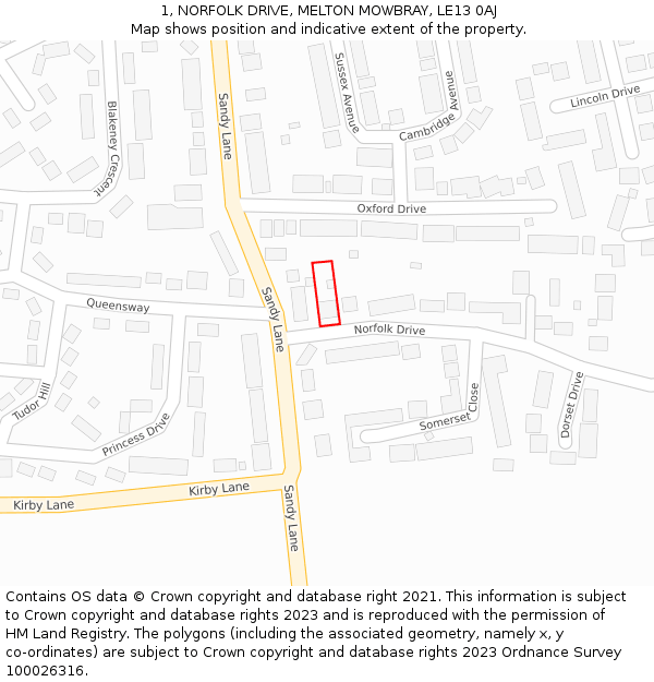 1, NORFOLK DRIVE, MELTON MOWBRAY, LE13 0AJ: Location map and indicative extent of plot