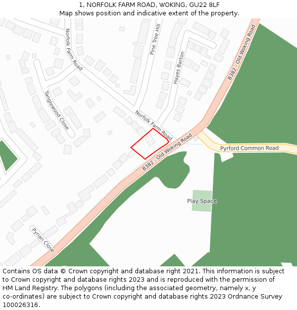 1, NORFOLK FARM ROAD, WOKING, GU22 8LF: Location map and indicative extent of plot