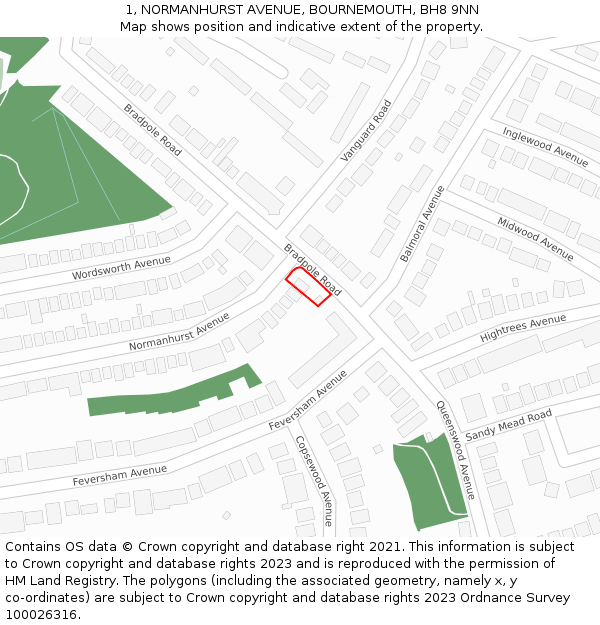 1, NORMANHURST AVENUE, BOURNEMOUTH, BH8 9NN: Location map and indicative extent of plot